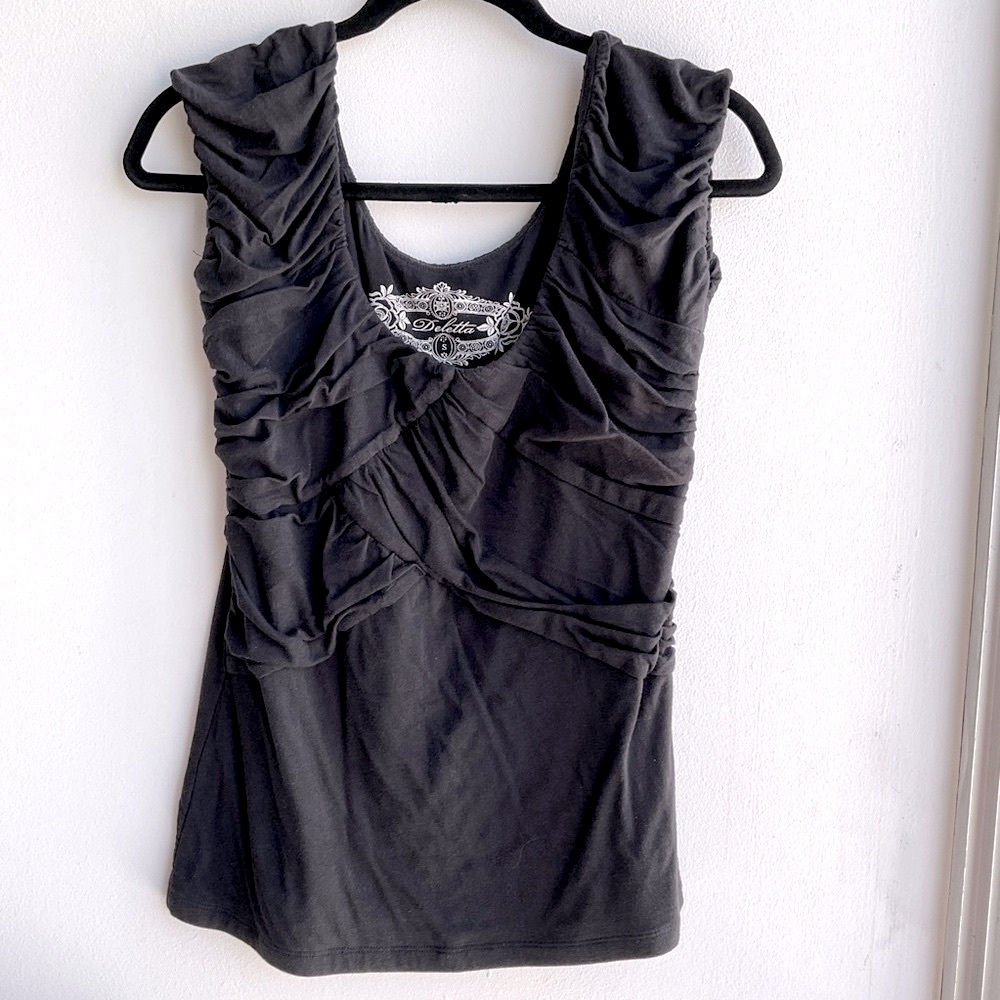 Anthropology Deletta Black Ruched Cap Sleeve Top- Parisian style